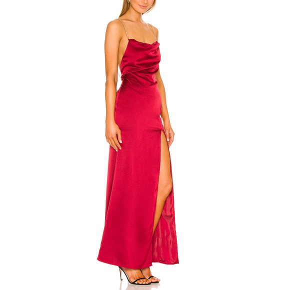 NBD Red Satin Maxi Slip Dress MEDIUM Gown Cowl Backless Slit Formal $258 NEW - Picture 1 of 9